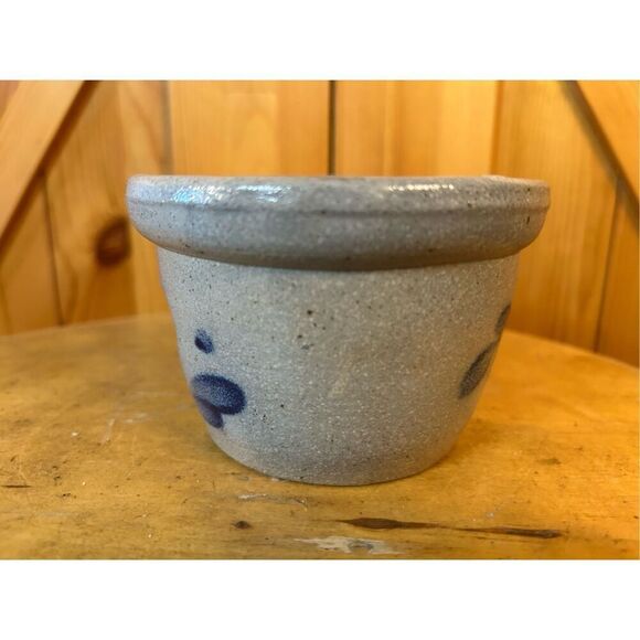 VTG 1987 Rowe Pottery Salt Glazed Blue Floral Heart Hand Thrown Crock Tealight ( - Picture 2 of 6